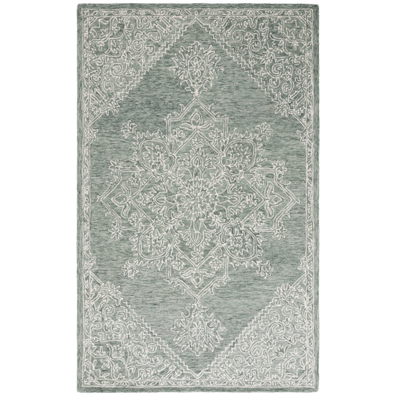 Niti Hand Tufted Wool/Cotton Floral Rug in Green/Ivory, Rectangle 6' x 9'