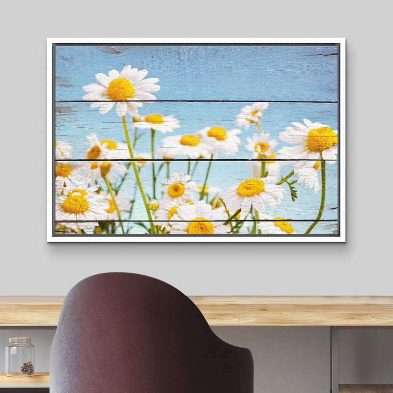 Fleur, champ de marguerites blanches sur des panneaux effet bois rétro, illustrations florales, art moderne, rustique, paysage