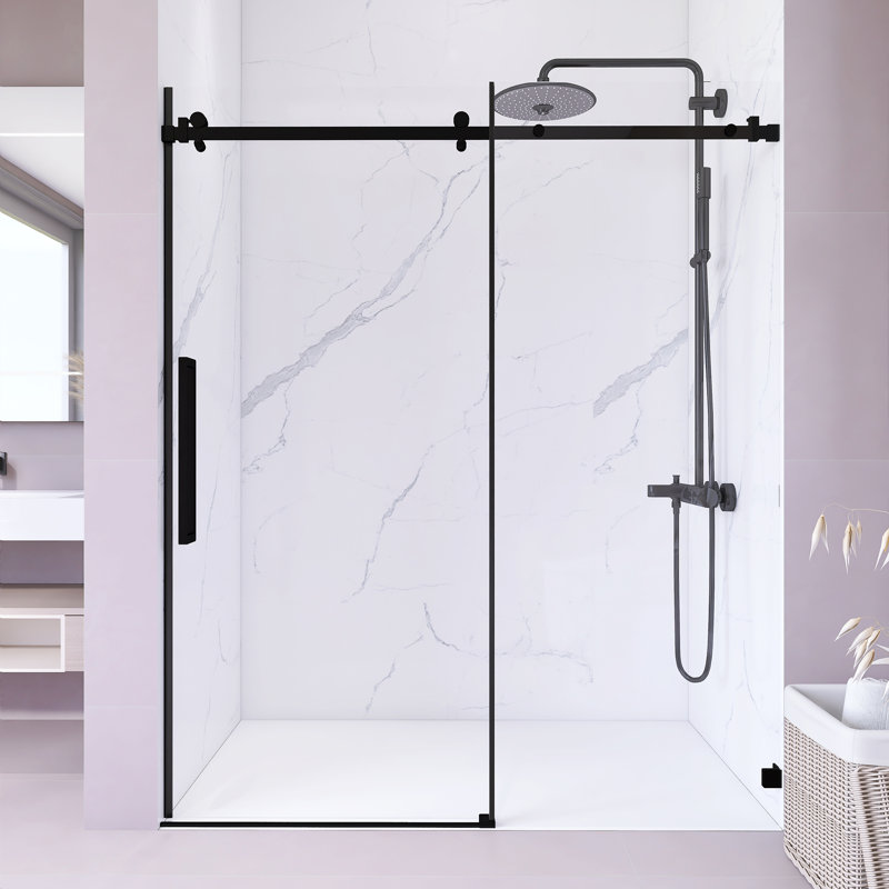 Porte de douche coulissante simple sans cadre de 56 po à l 60 po x H 72 po avec verre trempé transparent de 1/4 po (6 mm) d'épaisseur, revêtement facile à nettoyer, quincaillerie en acier inoxydable