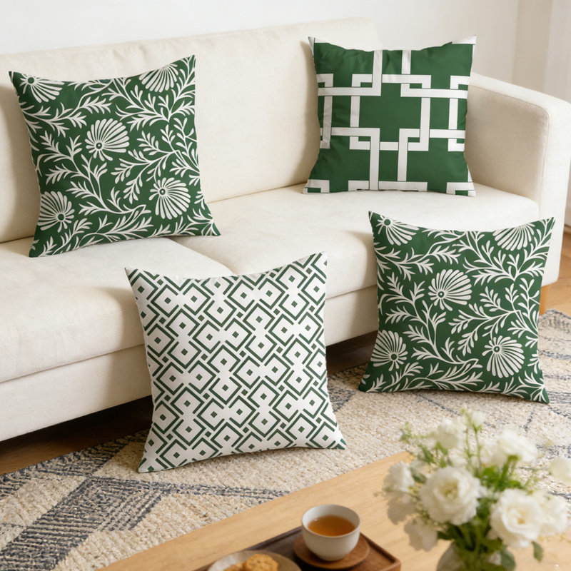Set of 4 Green Leaf Decorative Pillow Cases, Leaves Throw Pillow Covers 17.7 x 17.7 Inch, Polyester Outdoor Cushion Covers for Sofa Couch Garden Home Decor