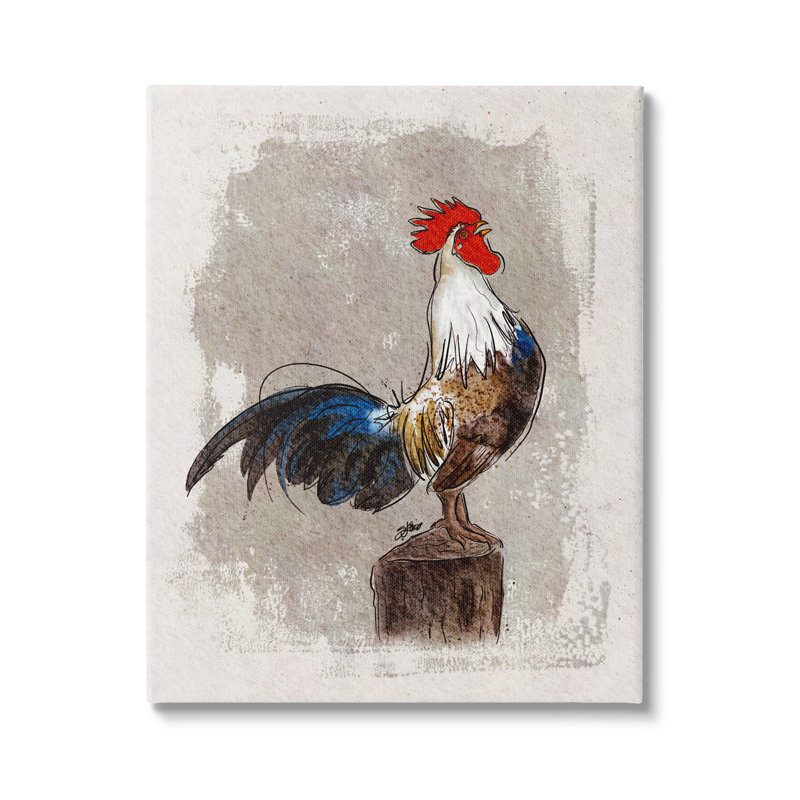 Farmhouse Rooster Perched Canvas Art in Brown and Blue