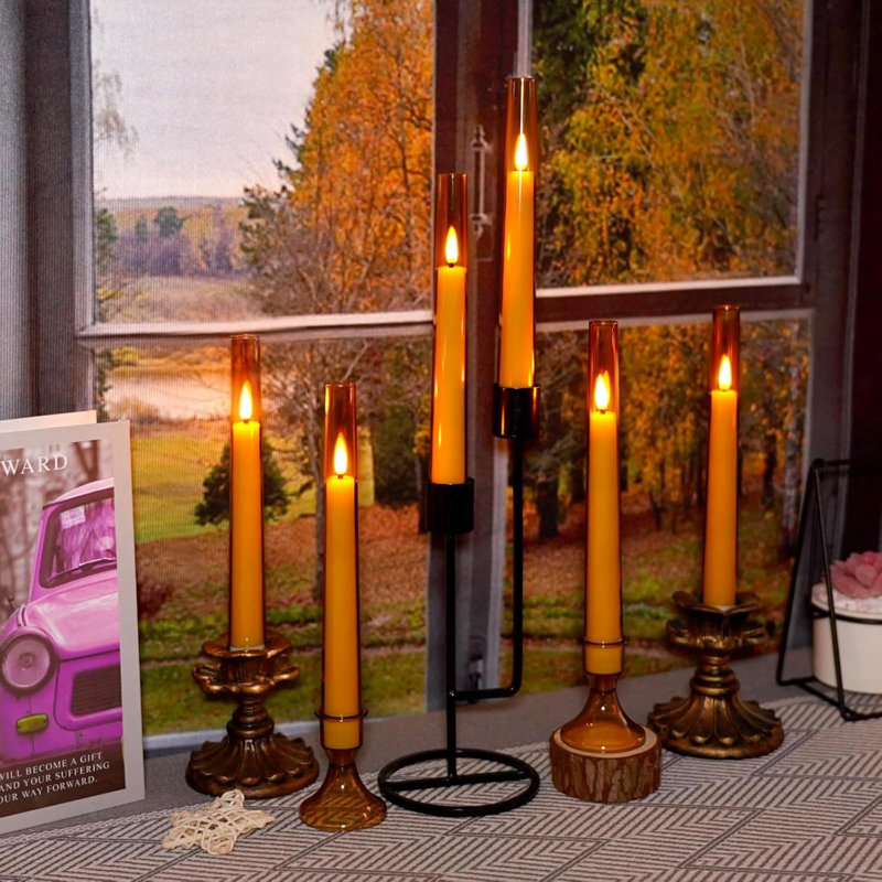 Flameless Taper Candles With Remote,6 PC Acrylic Battery Operated Candles With Candlesticks,Flickering Led Window Candles For Home Table And Wedding Decor(Red)