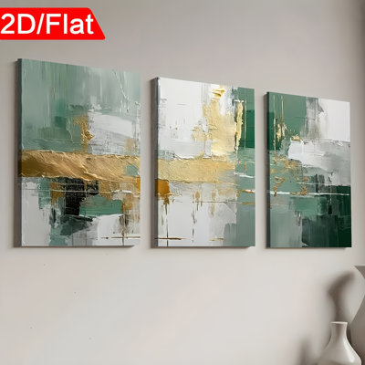Emerald & Gold Abstract 3-Piece Canvas Print for Textured Vibe Living Room Home Decor