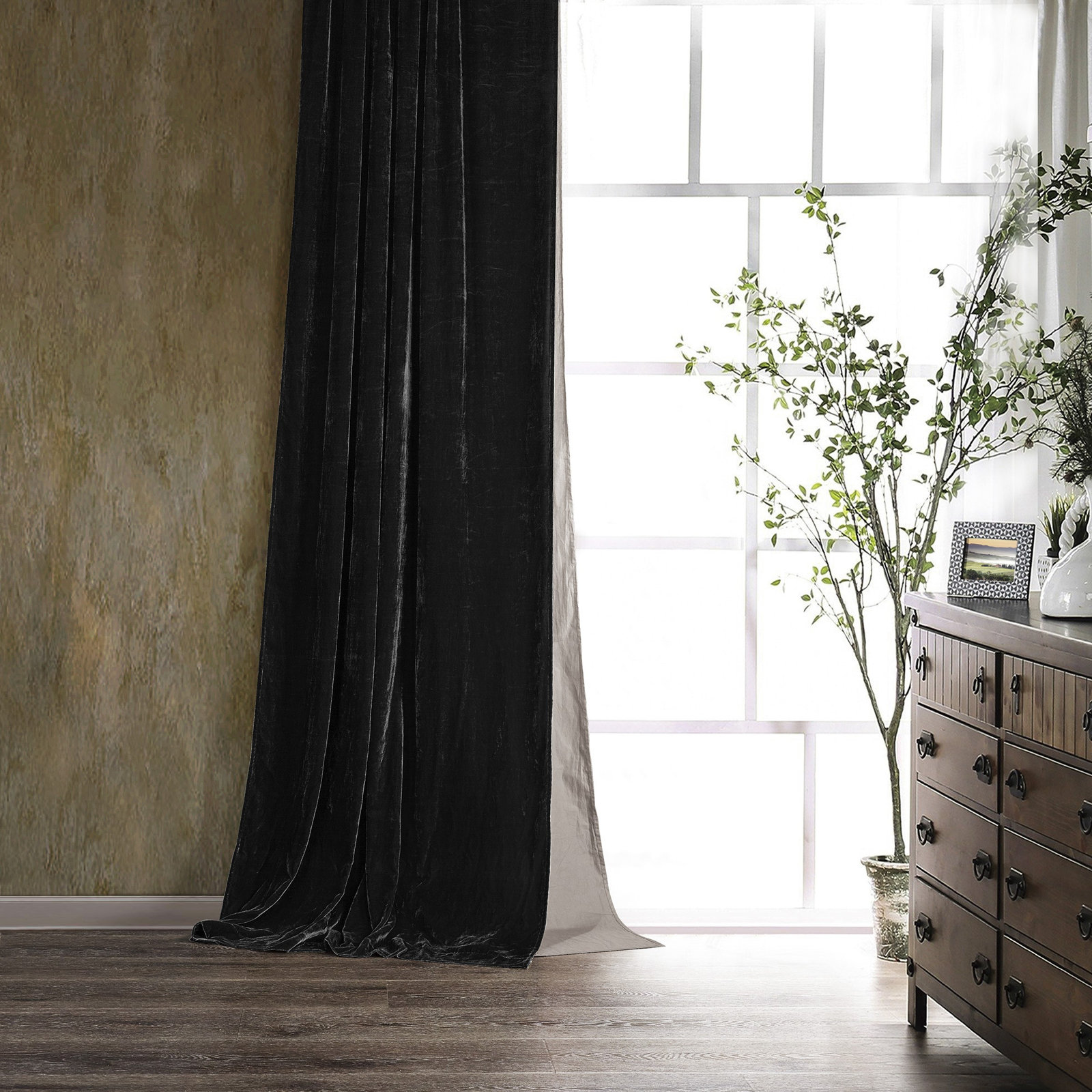 Stella Faux Silk Velvet Curtain Panel, Black