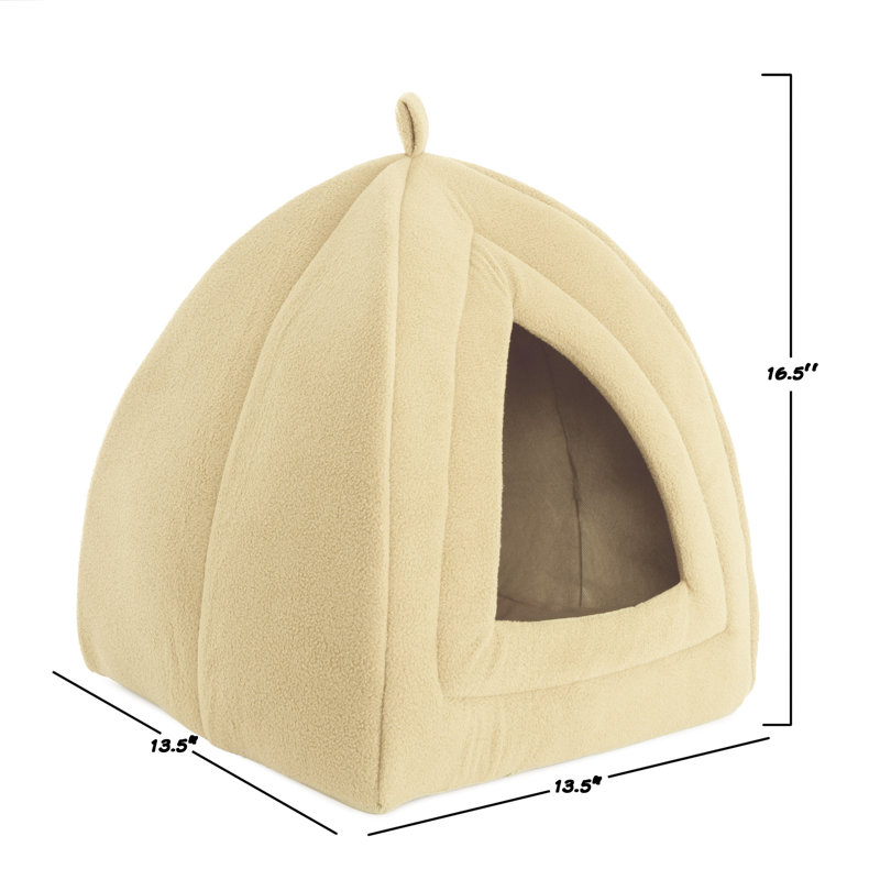 Tan Plush Foam Triangle Cat Bed with Enclosed Hood