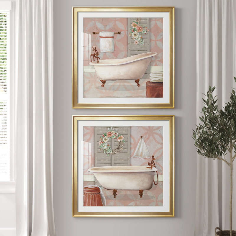 " Blushing Bath I " 2 - Pieces, 34.5" H x 69" W x 1.5" D, Gold Framed Paper, White