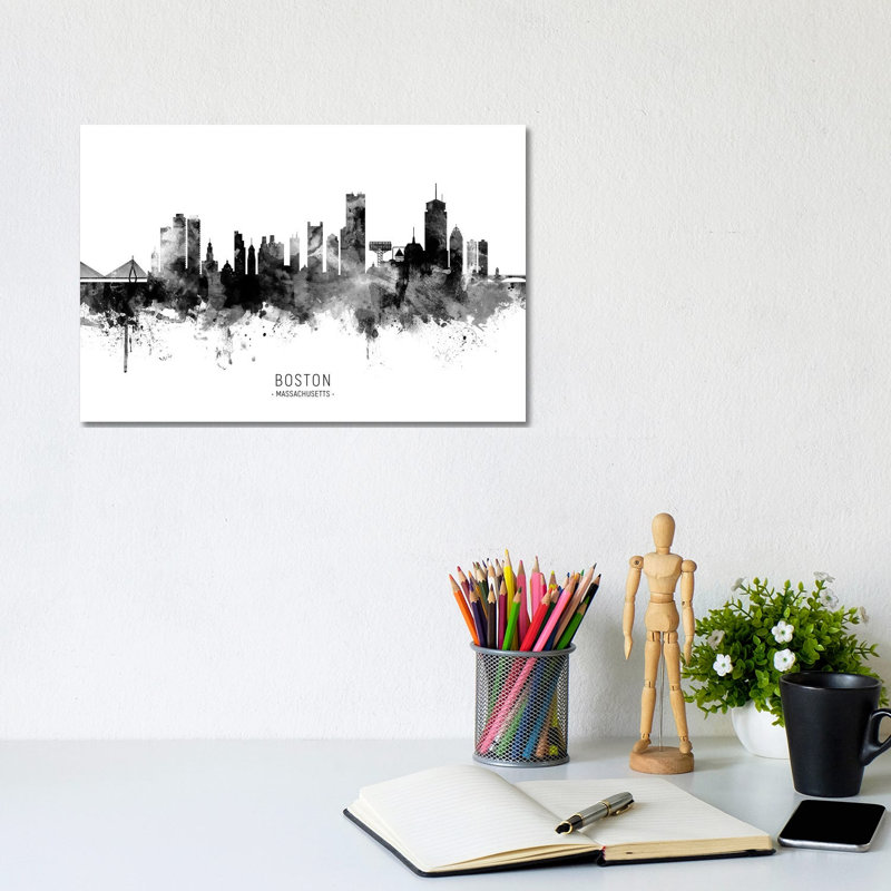 Boston Massachusetts Skyline Name Black and White by Michael Tompsett - 1 Piece Wall Art on Canvas, 20.32 cm H x 30.48 cm W