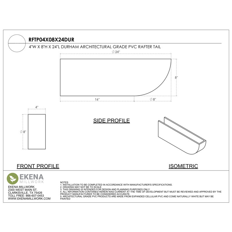 Queue de chevron standard en PVC de qualité architecturale Durham, H 8 po x L 4 po x P 24 po
