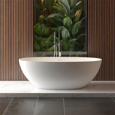 65"L x 29.5"W x 21.7"H Solid Surface Freestanding Oval Tub with Overflow and Drain