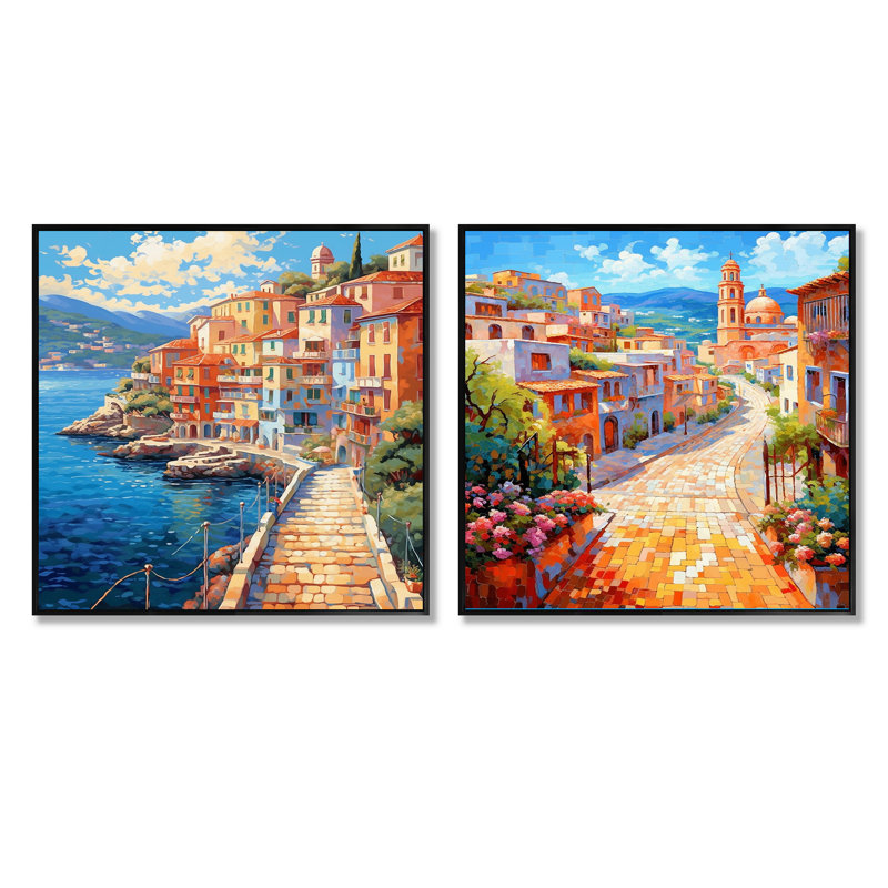 «Beautiful Port In Italy» - ensemble de 2 collages carrés, Cadre flottant noir, H 16 po x l 33 po