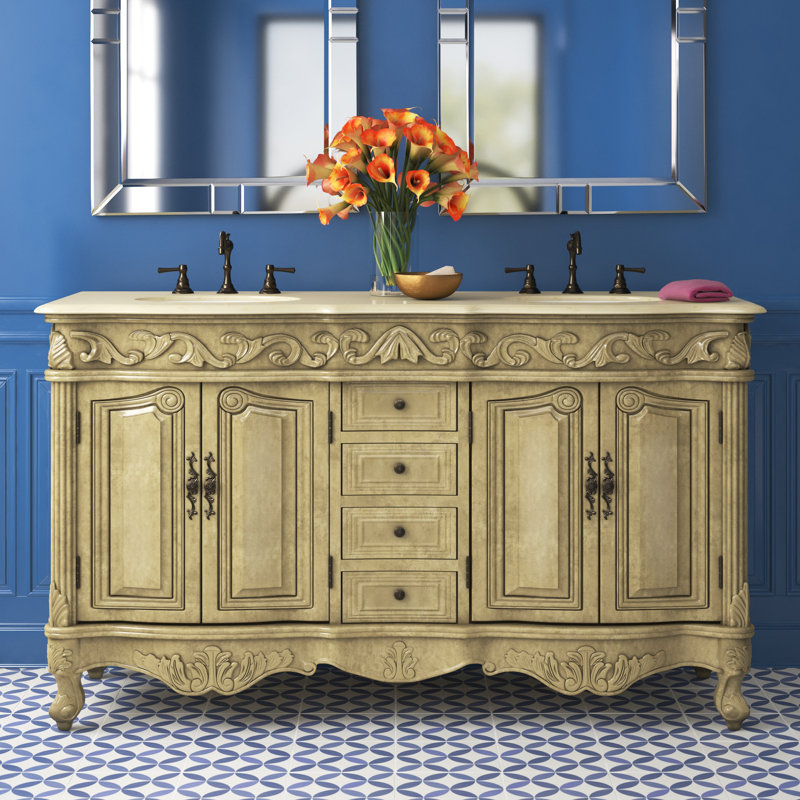 Ensemble de meuble-lavabo double 60 po Aurillac, Blanc antique, Crème