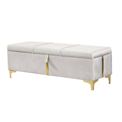 Beige Upholstered With Metal Legs, Storage Bench For Bedroom And Living Room, Simple Lines, Smooth Interior, 250Lbs Capacity Elegant , Room Essential, Thick Sponge, Gold Strip Decoration, 15 - Minute