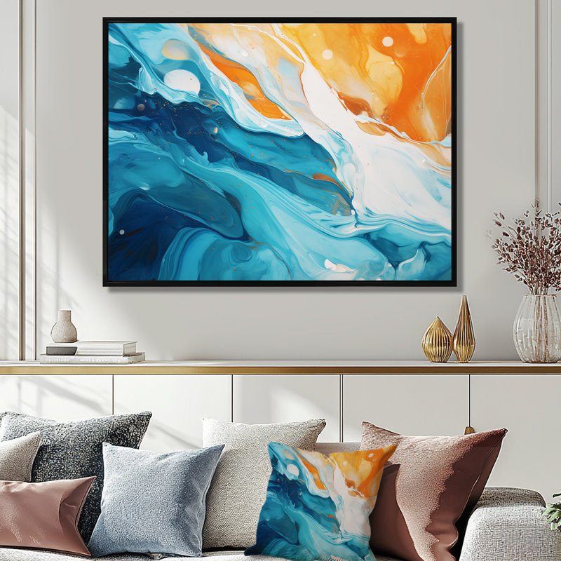 «Orange Blue Waves Reaching The Beach I», reproduction d'art abstrait à l'encre liquide, H 30 po x l 40 po