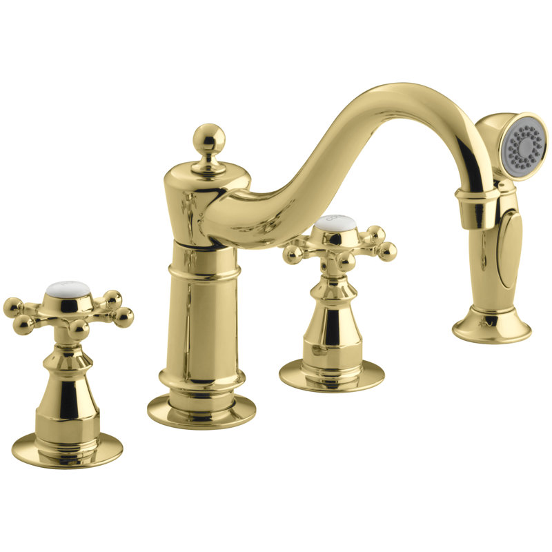 Antique Three-Hole Kitchen Sink Faucet with 8-5/8" Spout, Sidespray , Vibrant Polished Brass, Lever