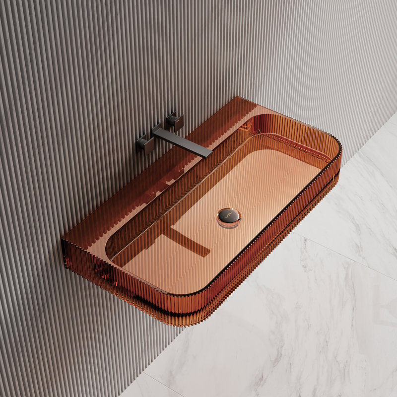 Lavabo de salle de bain mural cannelé en résine 29,5 po x 18 po Monblari, L 29,53 po x l 18,11 po x H 4,72 po, Brun