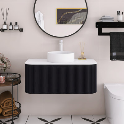 Meuble-lavabo mural 36 po avec bords arrondis et conception rayée, armoire de rangement avec tiroir, jumelé à un lavabo rond en céramique blanche