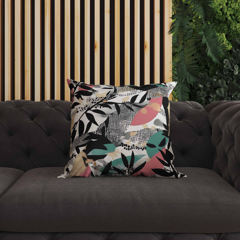 Coussin intérieur / extérieur Leafy Collage, Carré 20 po, Vert/rose
