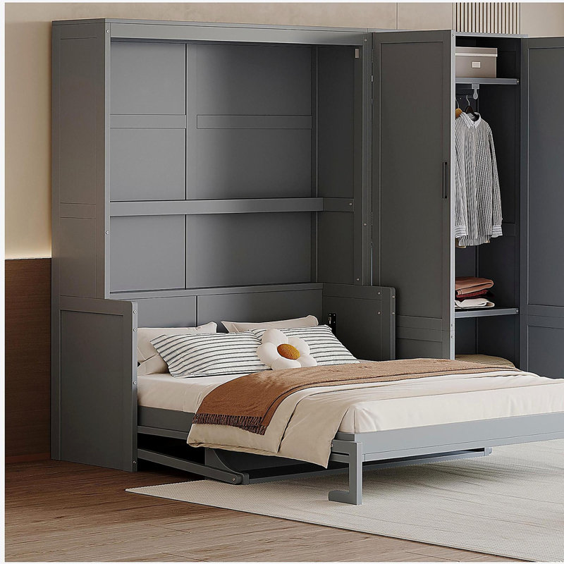 Grand lit mural avec placard, gris, Gris