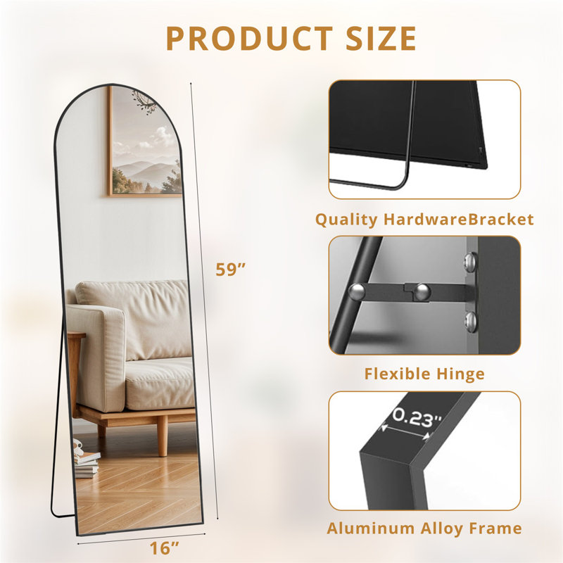 Miroir pleine longueur arqué, 59 po x 16 po, Noir