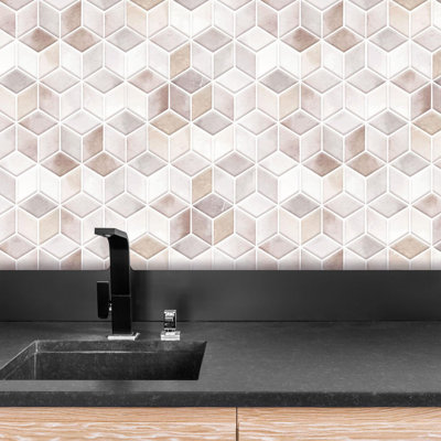 Ummi Cream Stone Hexacube Wall Tile Sticker 30.5cm W x 15.4cm L PVC 
