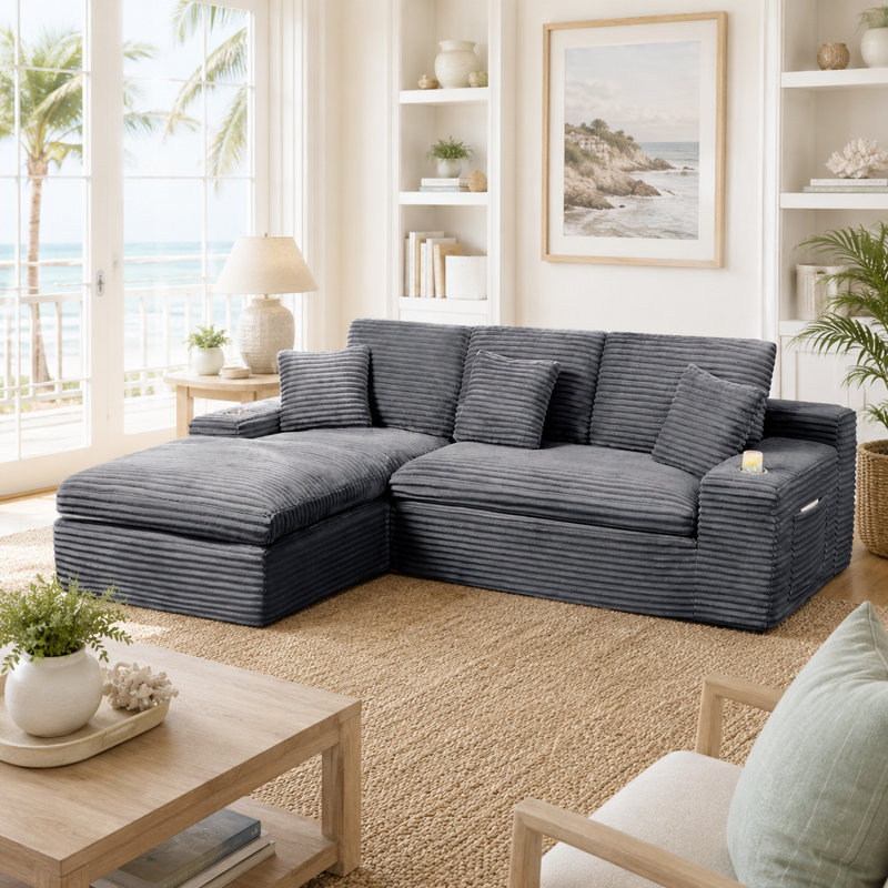 98.4" Corduroy Upholstered Modular Sofa, Compression Foam Bonless Sofa & Chaise with Cupholder and Side Pocket, Gray