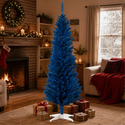 Sapin de Noël artificiel « Crayon bleu vif » avec support robuste pour la décoration des fêtes