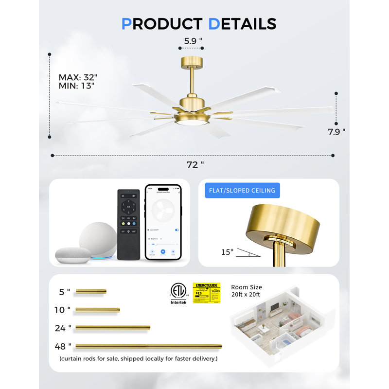 Ventilateur de plafond industriel de 72 po avec lumière, avec 8 pales en métal en aluminium, compatible avec Alexa