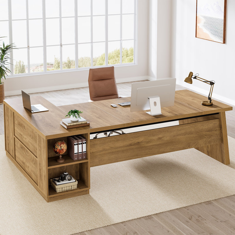 78'' W Manufactured Wood and Metal L-Shaped Executive Desk, Brown