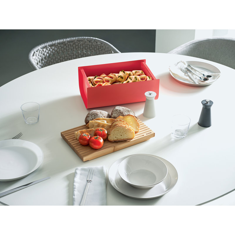 Red Epoxy Steel Bread Box with Bamboo Cutting Board Lid