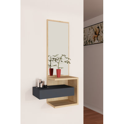 Modern Hall Stand with Mirror, Oak & Anthracite, 19.4 x 35.4 x 12.3 inches | 100% Melamine Coated Particle Board, 0.7 inches Thick | 1 Drawer (15.7 x 5.7 x 12.3 inches), Multiple Shelves, Wall-Mountable, Stylish & Functional Design