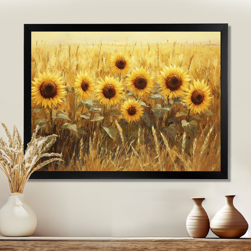 Dreshan, grange, tournesols dans le champ de blé I - tournesols, art mural, Reproduction encadrée d'une seule photo