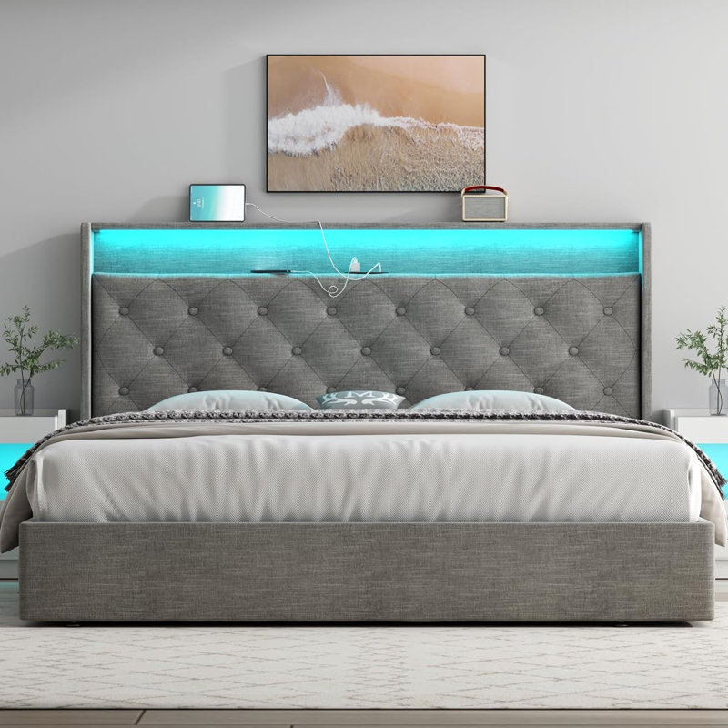 Kadeer Lift Up Bed Frame with Charging Station & LED Light, Upholstered Bed with Button Tufted, Light Gray, Queen