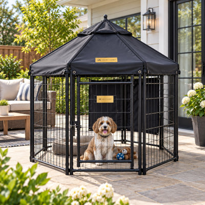 Pet Gazebo Octagonal Dog Kennel & Playpen with Canopy and Side Sun Shade – Indoor & Outdoor Pet Enclosure, 4FT