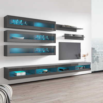 Catania 126" Modern Floating Wall Mounted Entertainment Center with 16-Color LED Lighting, High Gloss Finish