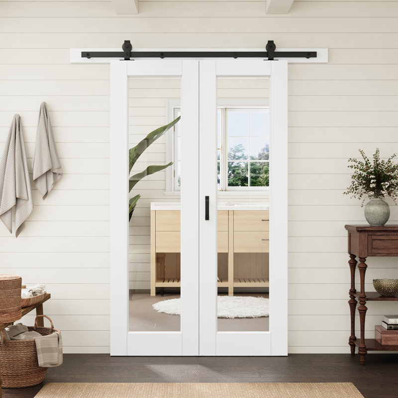 Porte standard préfinie à vitrage clair de 48 po x 80 po avec quincaillerie pour portes pliantes de style grange, idéale pour le garde-manger et le placard.