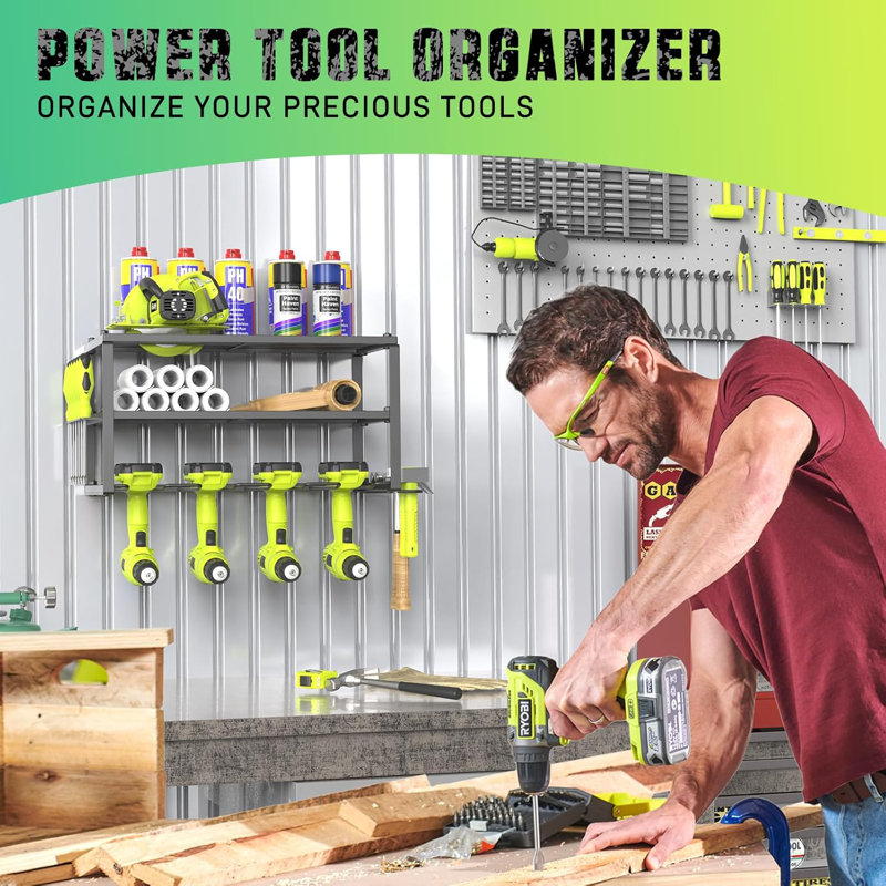 Organisateur d'outils électriques, fer robuste, support de rangement à 3 couches avec 4 supports de perceuse, tablette à outils flottante murale, noir mat, atelier, garage, capacité de charge de 150 lb