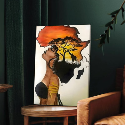 1 pièce, art mural, affiche, femme afro-américaine, art mural sur toile avec coucher de soleil, safari, girafe et arbres, décoration moderne pour le salon, la chambre à coucher, le bureau, l'ethnie boho