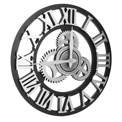 Grande horloge murale rétro 3D de 34 cm, style industriel vintage, avec chiffres et engrenages en bois argentés, idéale pour la décoration de votre salon.