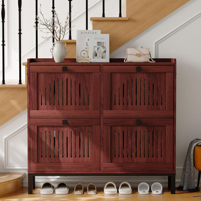 Armoire de rangement pour chaussures à 4 tiroirs avec panneaux évasés et poignées noires, tablettes réglables, organisateur de vestibule mince