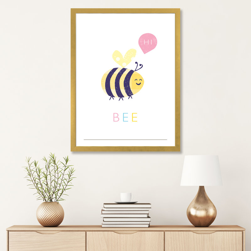 Abeille - imprimé, Papier encadré doré, Blanc, H 32 po x l 24 po x P 1 po