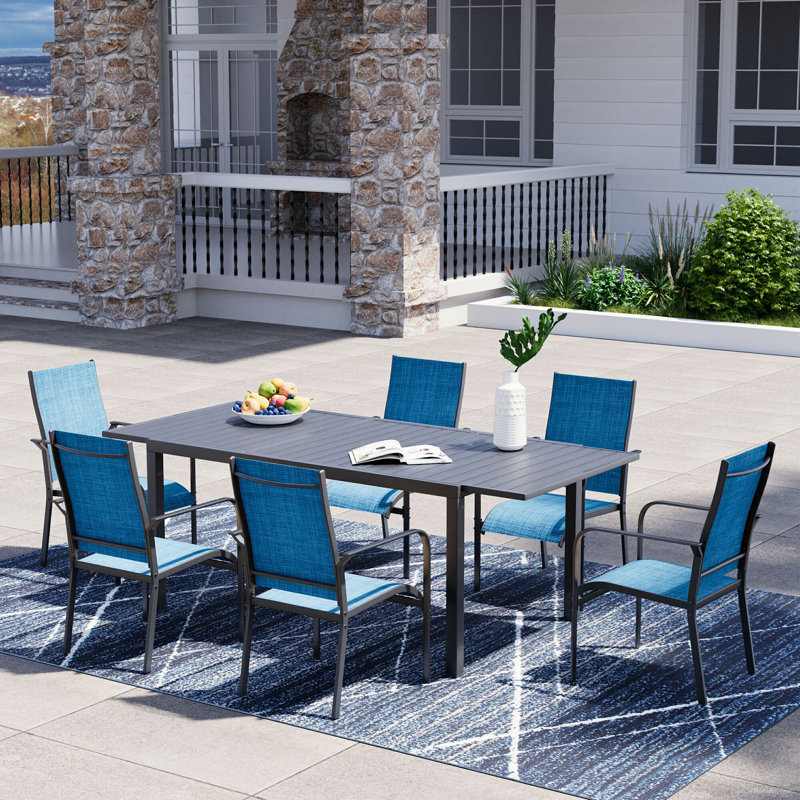 7 Piece Patio Expandable Table Dining Set, Outdoor Dining Table And Chairs Set For 4 To 8, 6 PVC-coated polyester Chairs, 1 Iron Expandable Dining Table, Patio Furniture Set For Deck, Backyard, Lawn, Poolside