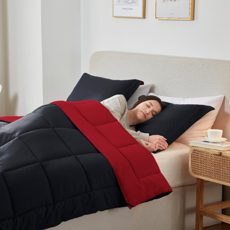 Nestl All Season Solid Lightweight Down Alternative Reversible Comforter, Burgudy/Black, Queen Comforter + 2 Standard Shams