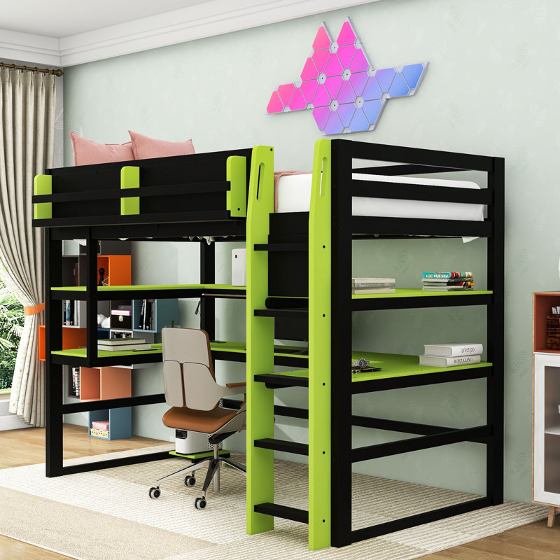 Wood Loft Bed with Desk, LED Light, Charging Ports and Shelves, Twin, Green