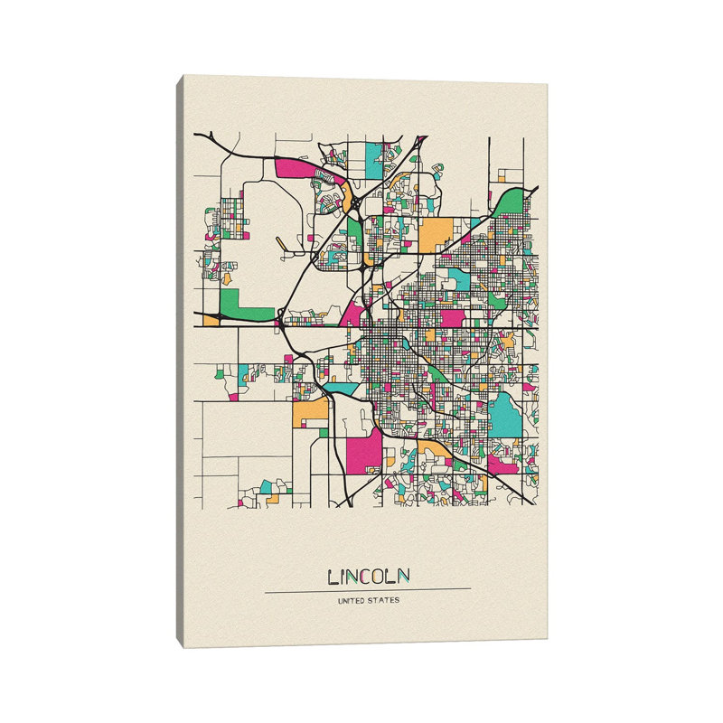 Carte Lincoln, Nebraska par Ayse Deniz Akerman - Giclée sur toile tendue avec châssis, H 12 po x l 8 po x P 0,75 po