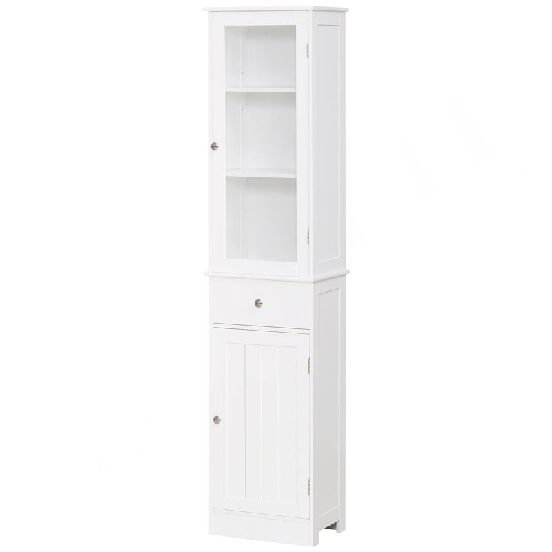 Armoire de rangement mince, armoire de salle de bain haute, tour de lin étroite avec porte en acrylique, tiroir et tablettes, blanc