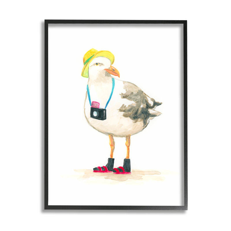 Touriste mouette et caméra par June Erica Vess, H 30 po x l 24 po x P 1,5 po, Giclée encadrée noir minuit