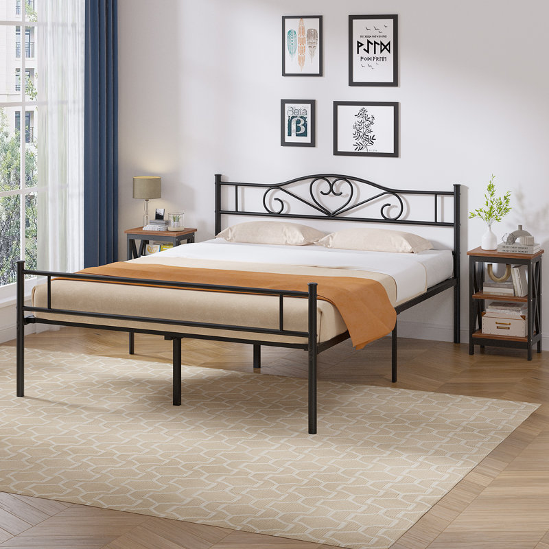 Ensemble de chambre à coucher 3 pièces Kempst, cadre de lit en métal noir avec 2 tables de chevet à tablettes ouvertes, ensemble de lit plateforme en métal avec table d'appoint de 2, ensemble de mobilier de chambre pour petit espace pour appartement, chambre d'amis, chambre à coucher moderne