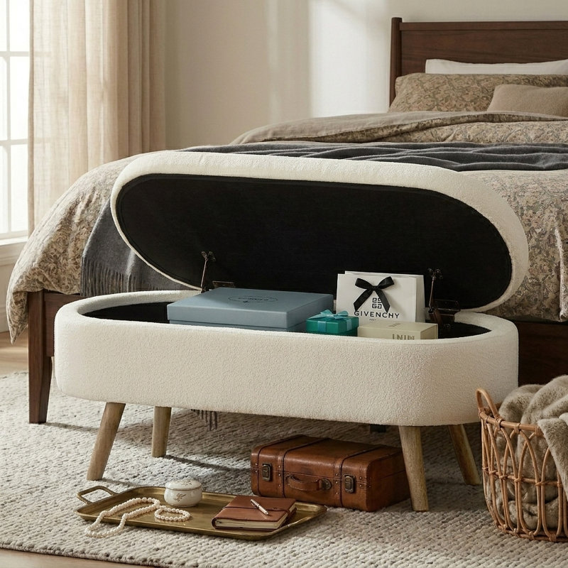 Banc de rangement avec repose-pieds 42 po ivoire pour le salon, l'entrée de la chambre à coucher, Beige