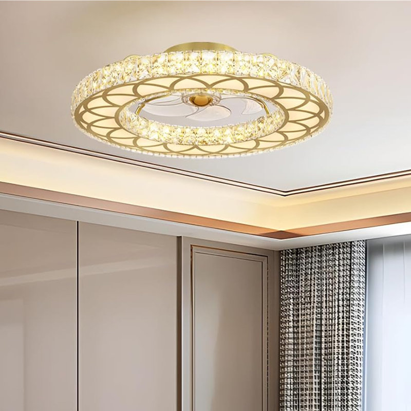 24" Crystal Flush Mount Ceiling Fan With Light