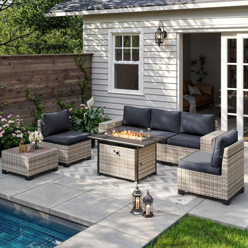 Ensemble de mobilier d'extérieur 7 pièces avec table de foyer d'extérieur 55 000 BTU Muphyer, ensemble de conversation modulaire en rotin de rotin avec coussins épaissis et table basse
